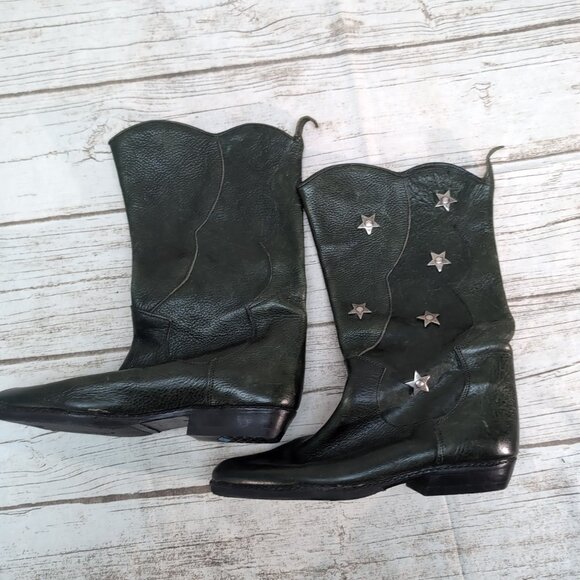 Arnold Churgin Dark Green Leather Slip On Star Embellishment Boots Women Size 37 - Picture 2 of 7